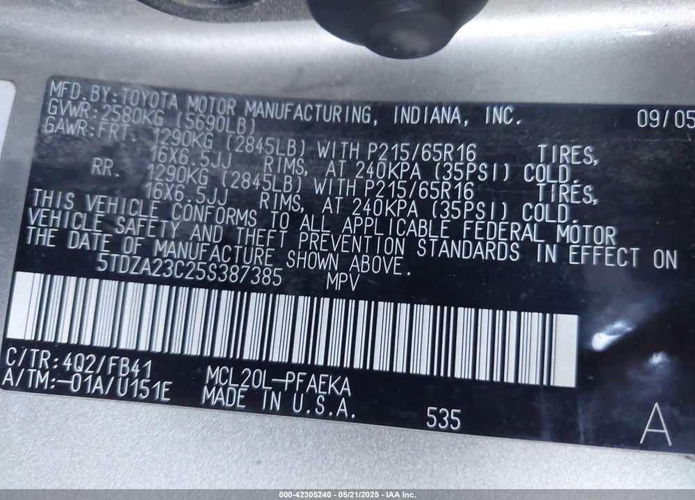 2005 TOYOTA SIENNA LE VIN: 5TDZA23C25S387385