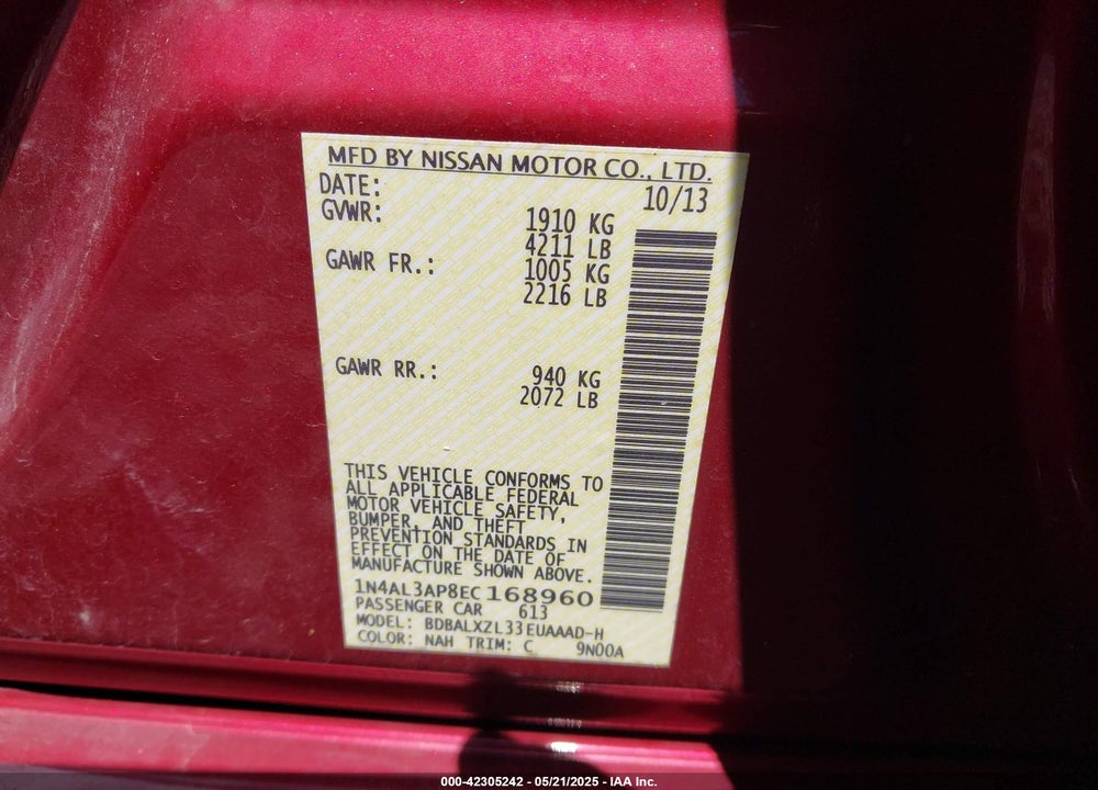 2014 NISSAN ALTIMA 2.5 SL VIN: 1N4AL3AP8EC168960