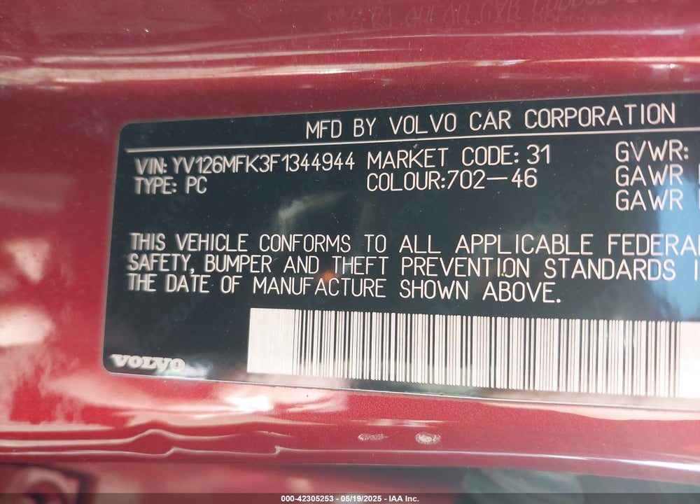 2015 VOLVO S60 VIN: YV126MFK3F1344944