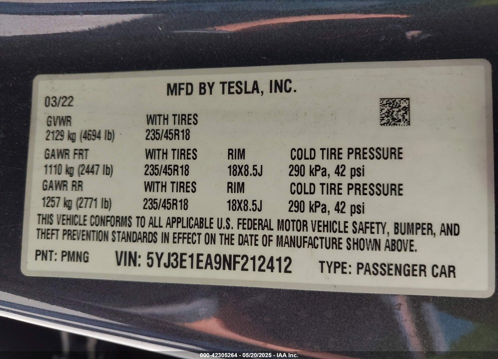 2022 TESLA MODEL 3 REAR-WHEEL DRIVE VIN: 5YJ3E1EA9NF212412