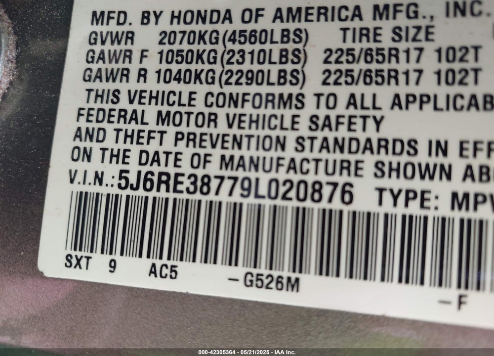 2009 HONDA CR-V VIN: 5J6RE38779L020876