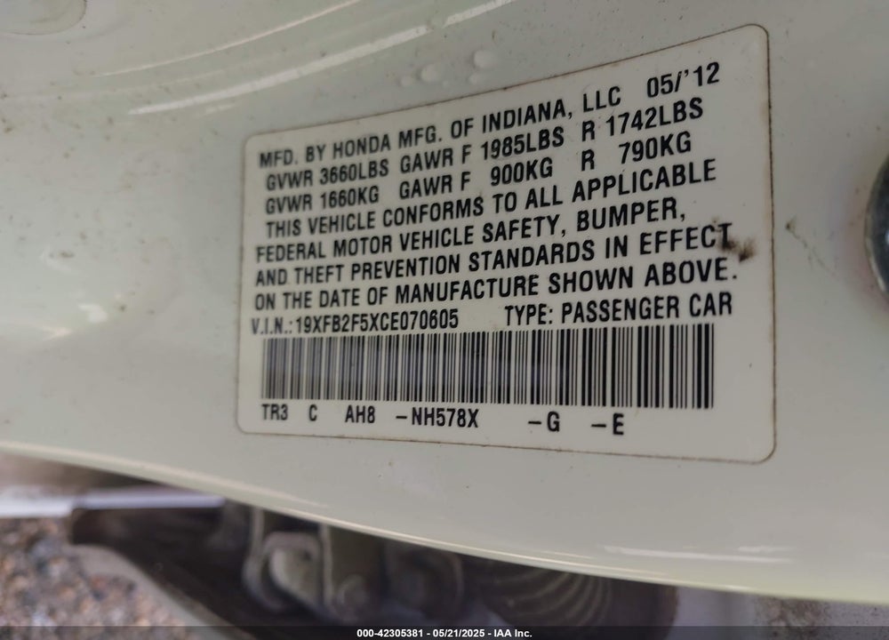 2012 HONDA CIVIC VIN: 19XFB2F5XCE070605