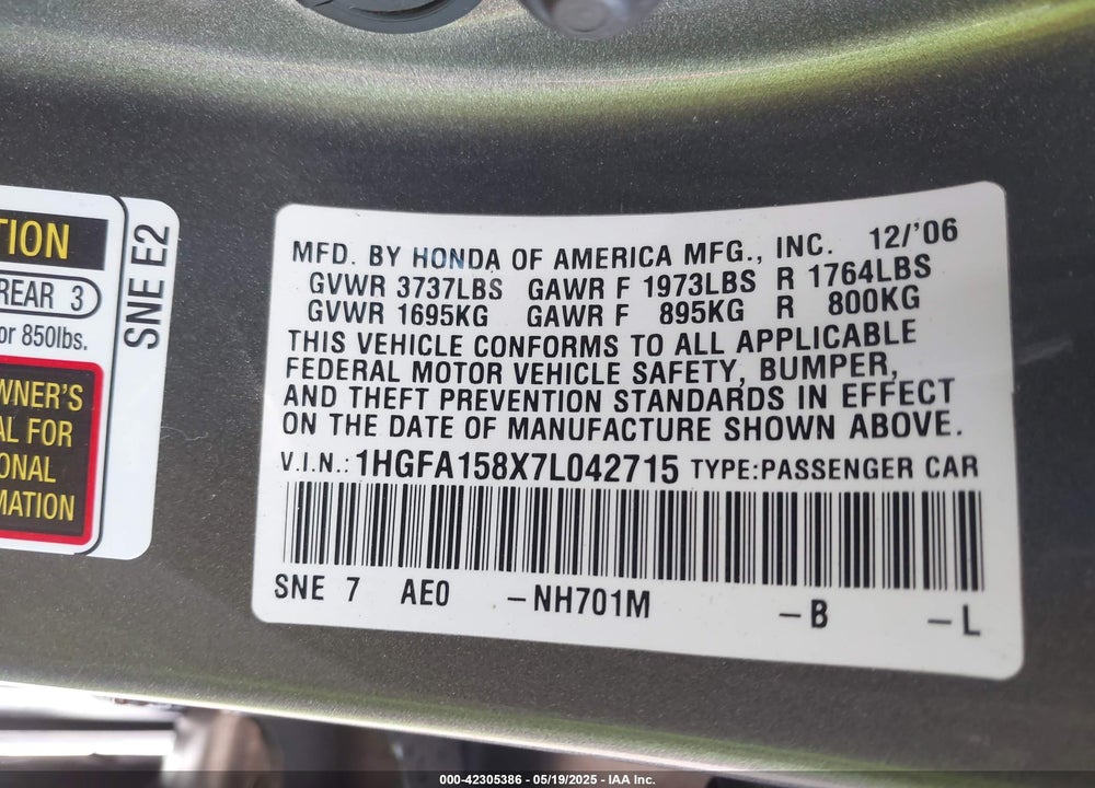 2007 HONDA CIVIC VIN: 1HGFA158X7L042715
