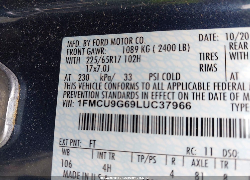 2020 FORD ESCAPE SE VIN: 1FMCU9G69LUC37966