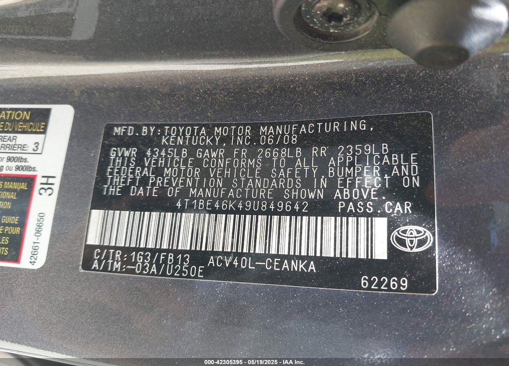 2009 TOYOTA CAMRY VIN: 4T1BE46K49U849642