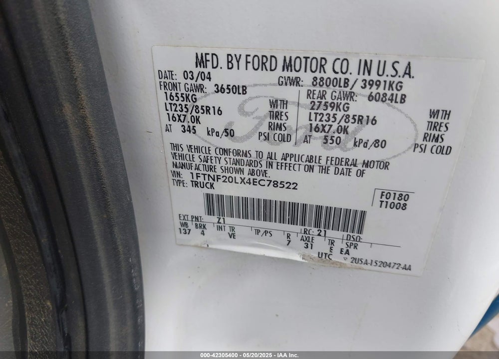 2004 FORD F-250 XL/XLT VIN: 1FTNF20LX4EC78522