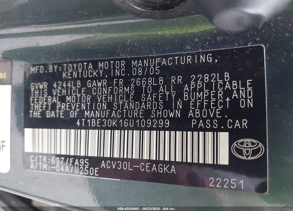 2006 TOYOTA CAMRY XLE VIN: 4T1BE30K16U109299
