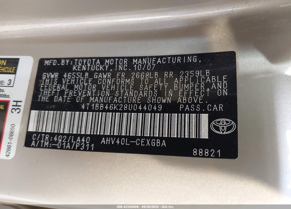 2008 TOYOTA CAMRY HYBRID VIN: 4T1BB46K28U044049