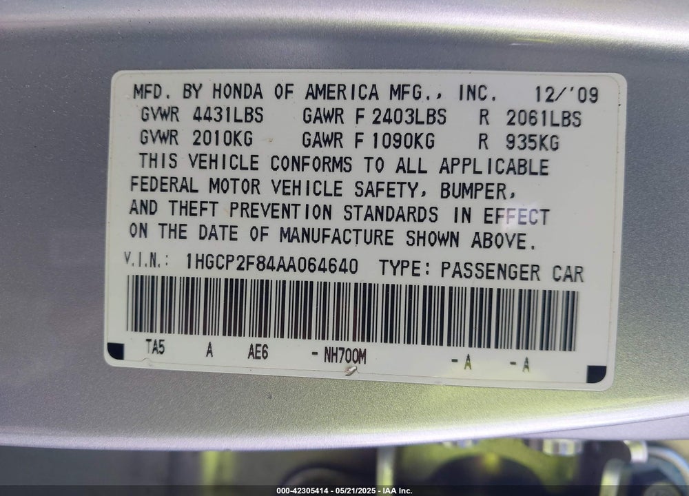 2010 HONDA ACCORD VIN: 1HGCP2F84AA064640
