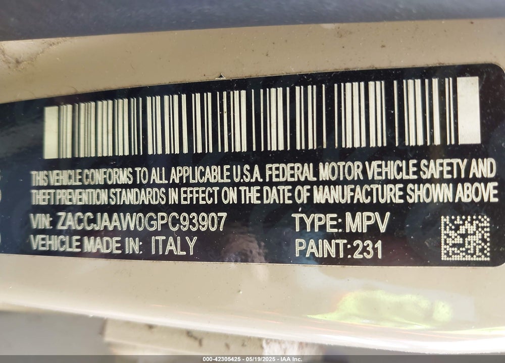 2016 JEEP RENEGADE VIN: ZACCJAAW0GPC93907
