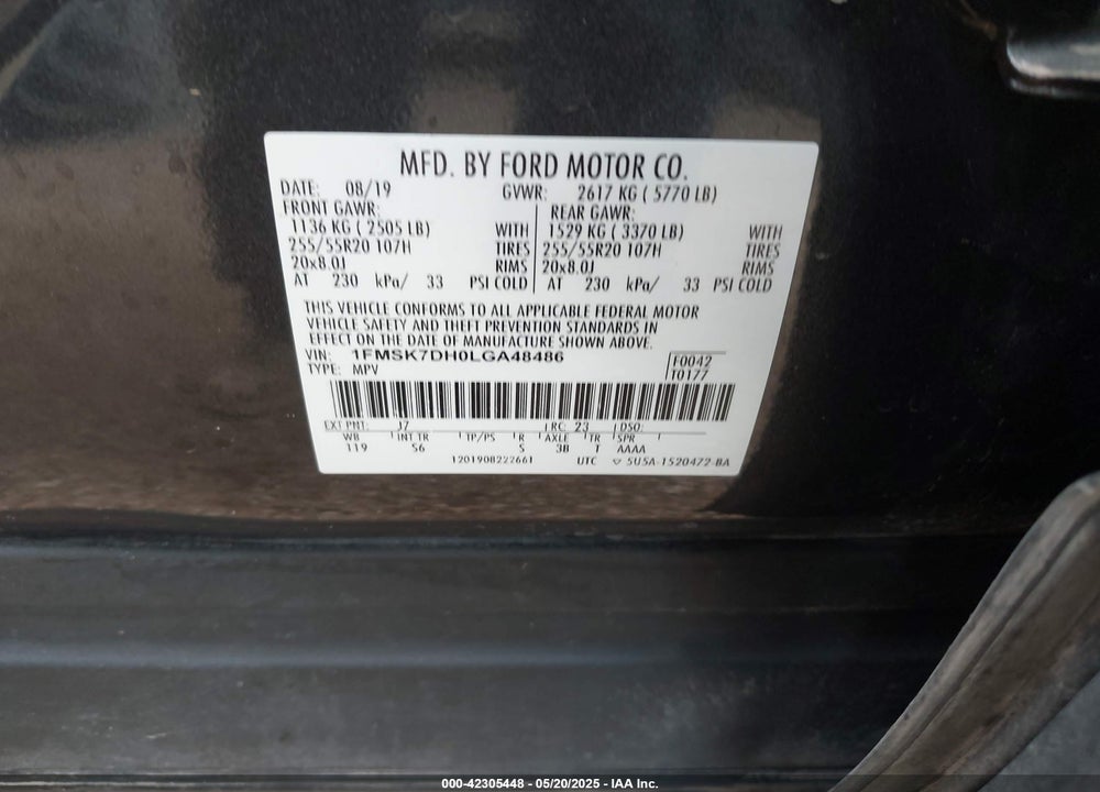 2020 FORD EXPLORER VIN: 1FMSK7DH0LGA48486