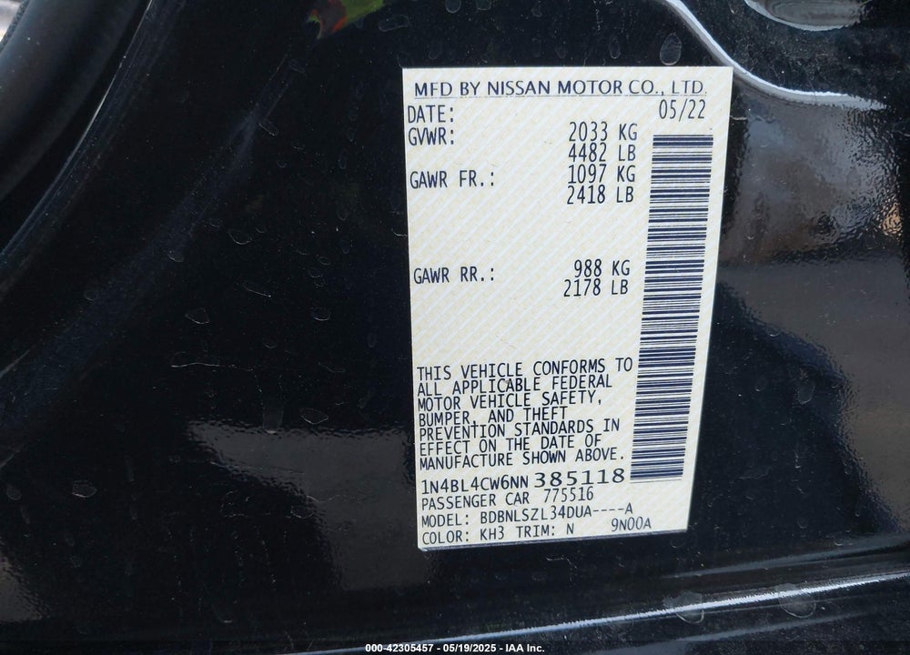 2022 NISSAN ALTIMA SR INTELLIGENT AWD VIN: 1N4BL4CW6NN385118