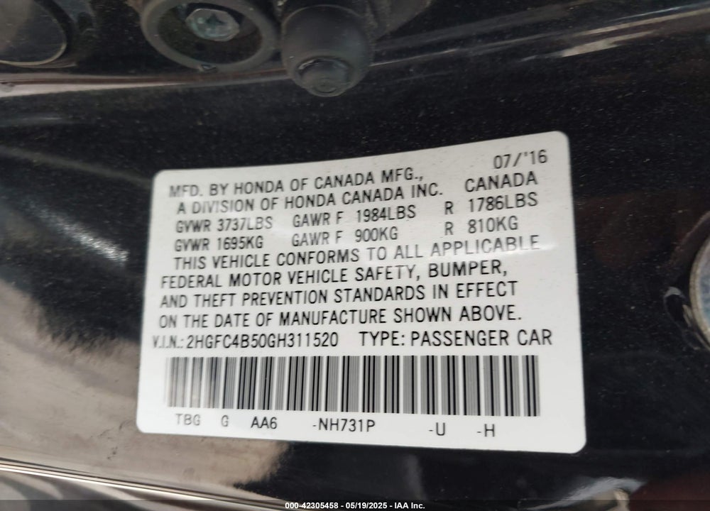 2016 HONDA CIVIC VIN: 2HGFC4B50GH311520