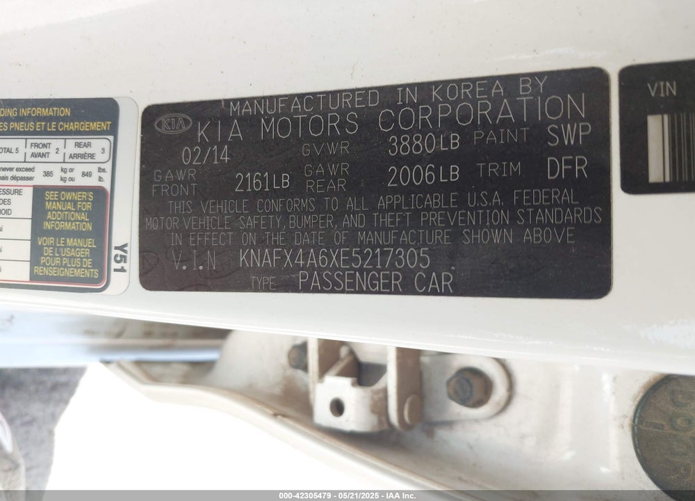 2014 KIA FORTE LX VIN: KNAFX4A6XE5217305