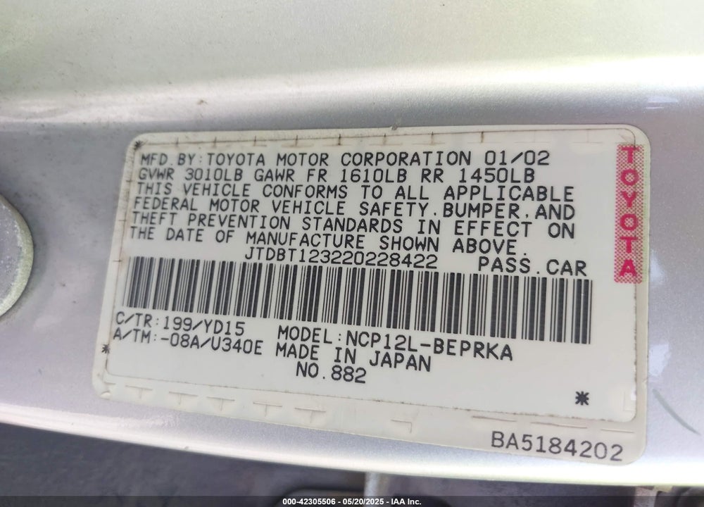 2002 TOYOTA ECHO VIN: JTDBT123220228422