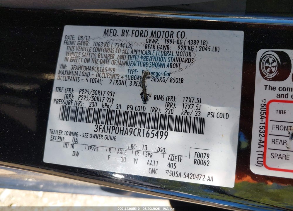 2012 FORD FUSION VIN: 3FAHP0HA9CR165499