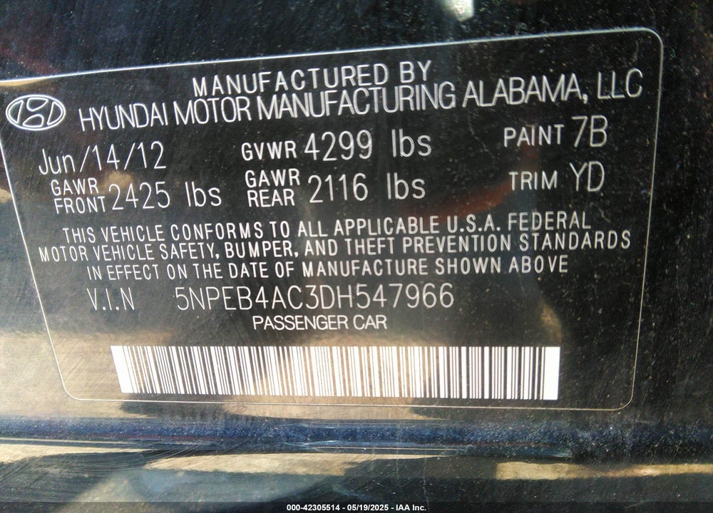 2013 HYUNDAI SONATA VIN: 5NPEB4AC3DH547966