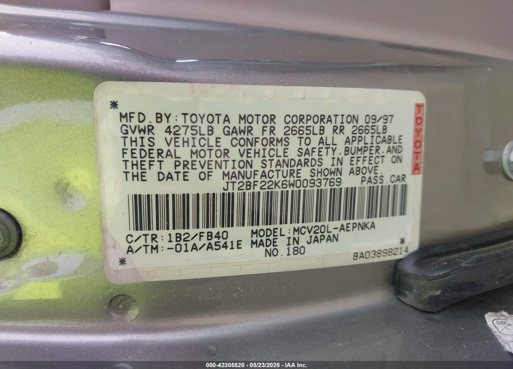 1998 TOYOTA CAMRY LE V6 VIN: JT2BF22K6W0093769