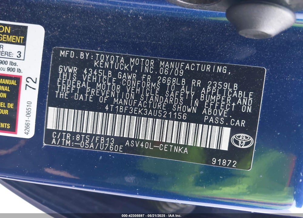 2010 TOYOTA CAMRY LE VIN: 4T1BF3EK3AU521156