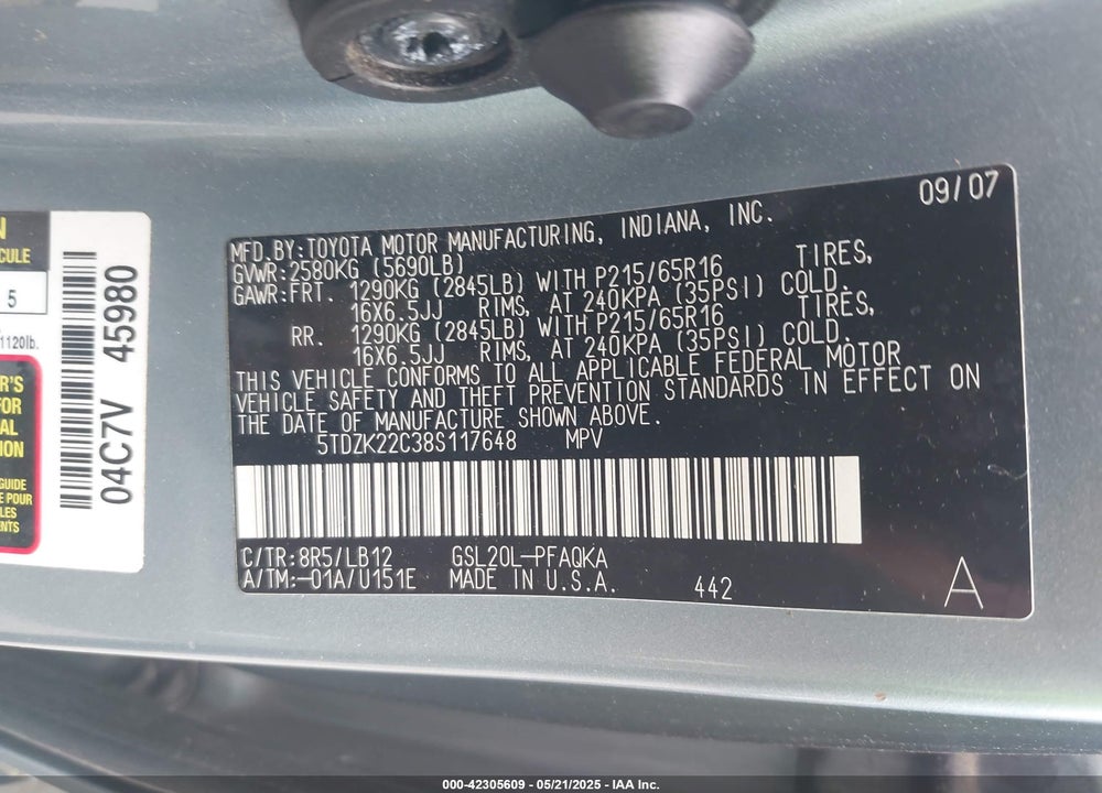 2008 TOYOTA SIENNA XLE VIN: 5TDZK22C38S117648