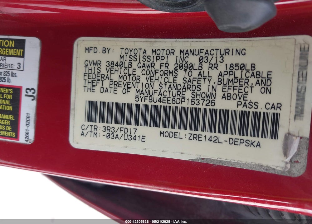 2013 TOYOTA COROLLA VIN: 5YFBU4EE8DP163726