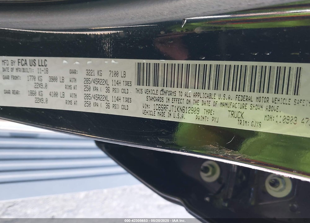 2019 RAM 1500 VIN: 1C6SRFJT1KN612909