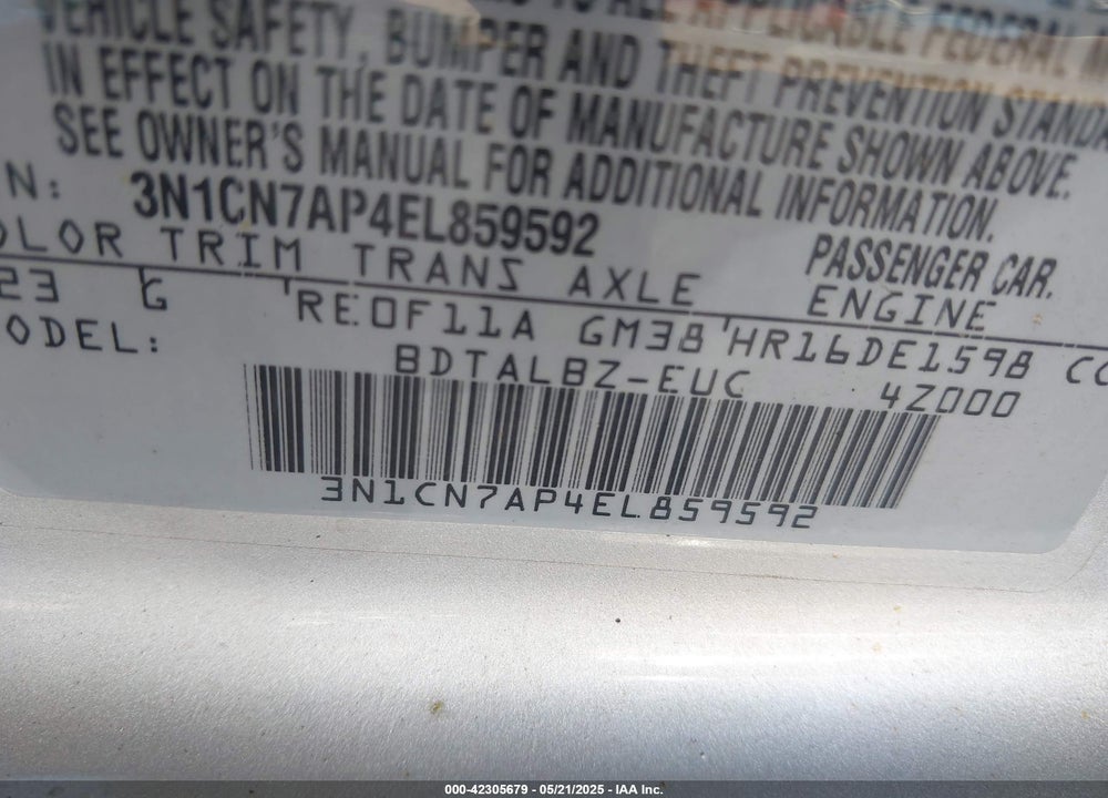2014 NISSAN VERSA VIN: 3N1CN7AP4EL859592