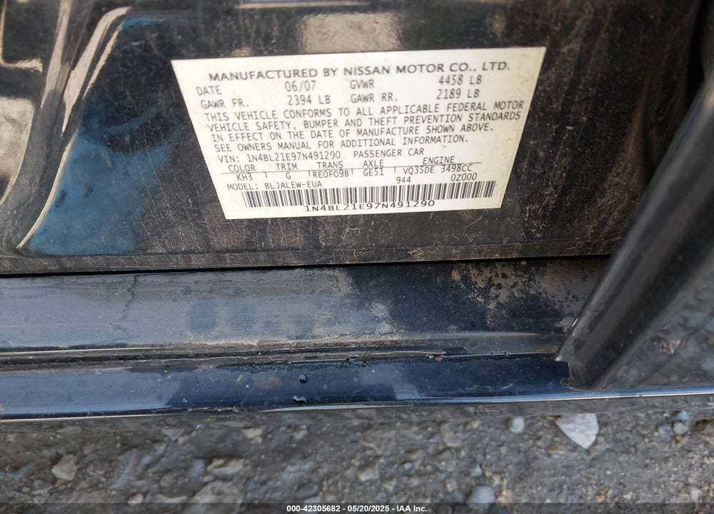 2007 NISSAN ALTIMA 3.5 SL VIN: 1N4BL21E97N491290