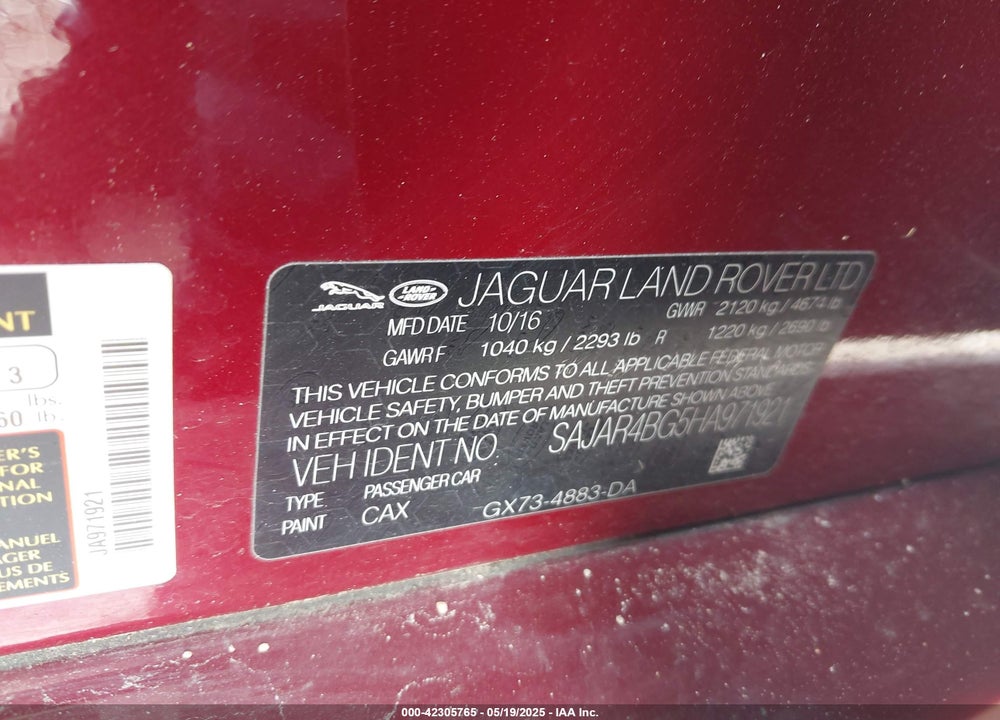 2017 JAGUAR XE VIN: SAJAR4BG5HA971921