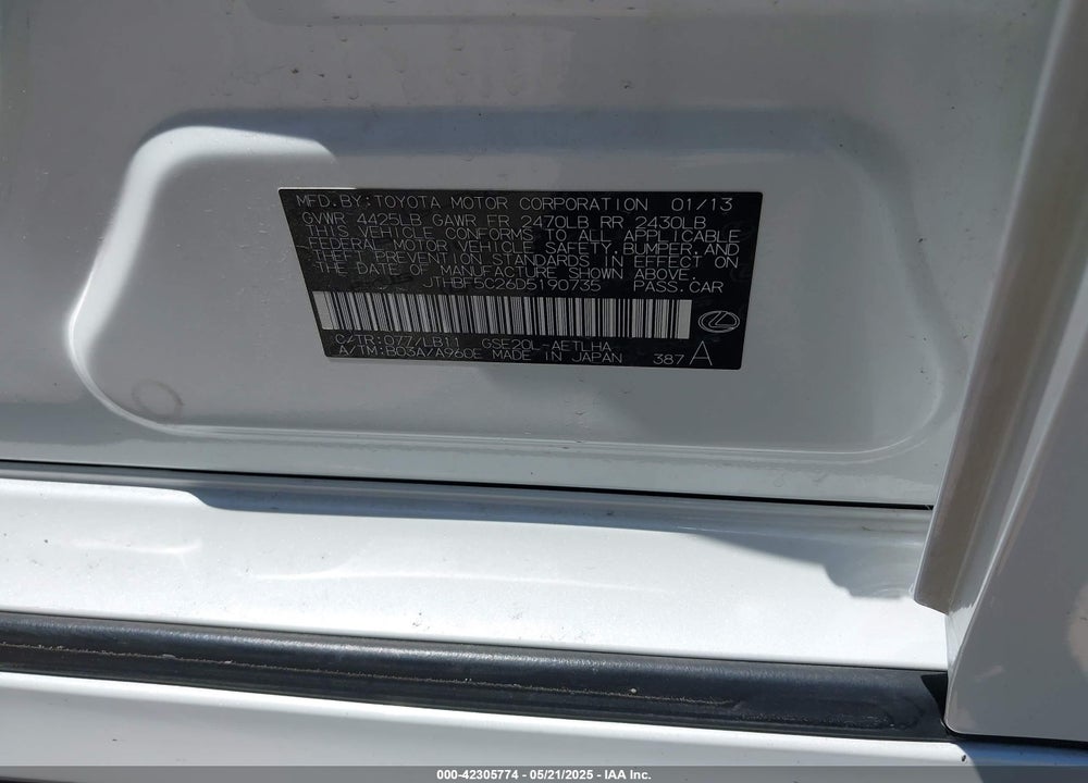 2013 LEXUS IS250 VIN: JTHBF5C26D5190735