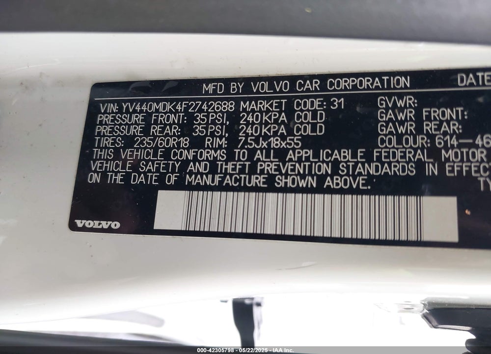 2015 VOLVO XC60 VIN: YV440MDK4F2742688