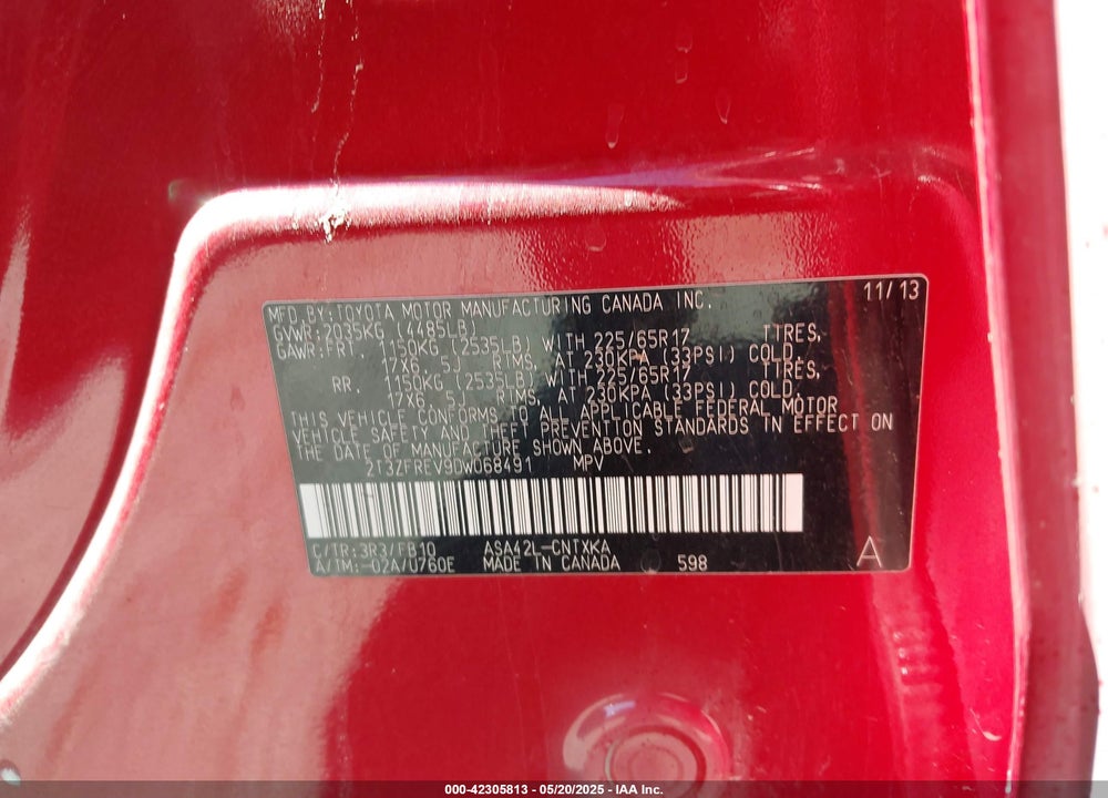 2013 TOYOTA RAV4 VIN: 2T3ZFREV9DW068491