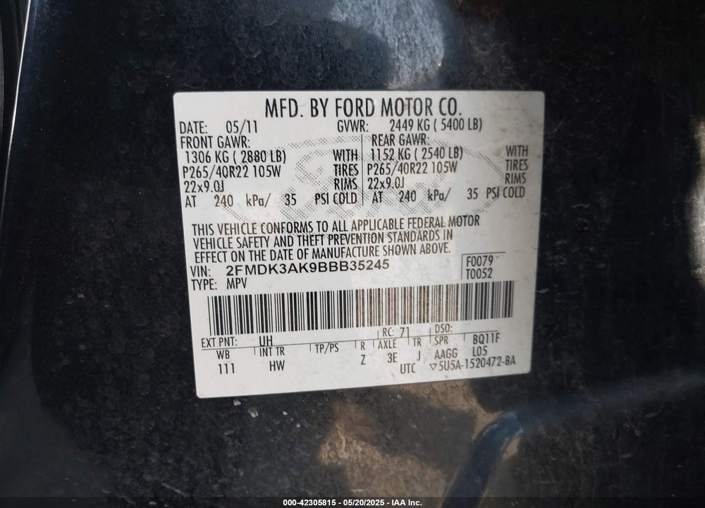 2011 FORD EDGE SPORT VIN: 2FMDK3AK9BBB35245