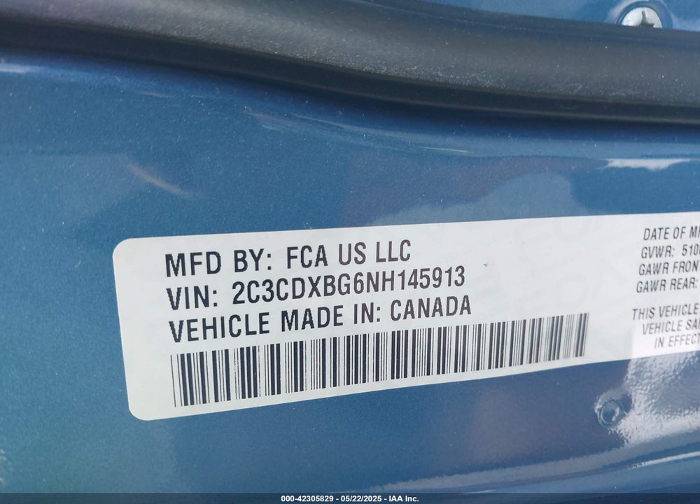 2022 DODGE CHARGER SXT RWD VIN: 2C3CDXBG6NH145913