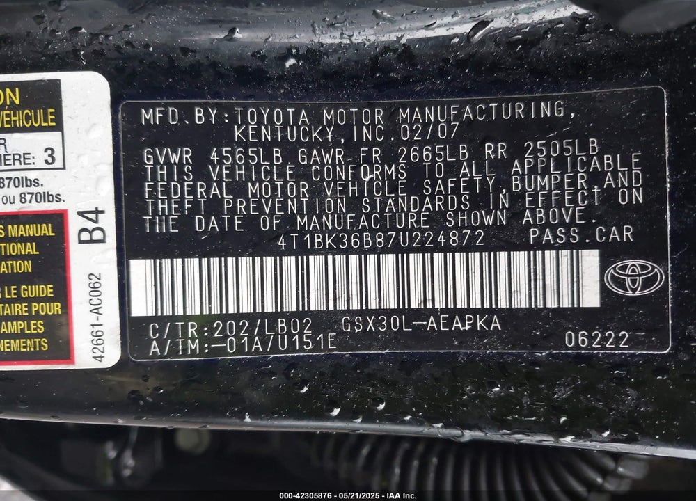 2007 TOYOTA AVALON VIN: 4T1BK36B87U224872
