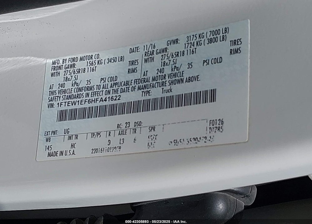 2017 FORD F-150 VIN: 1FTEW1EF6HFA41622