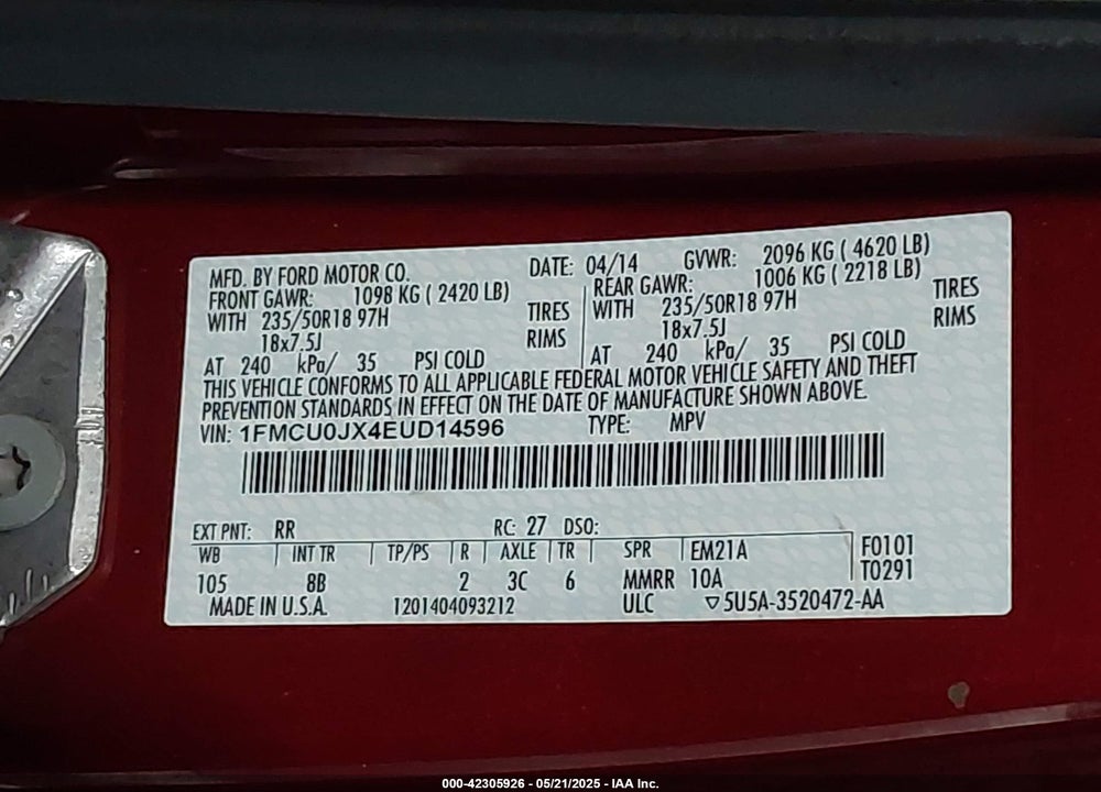 2014 FORD ESCAPE TITANIUM VIN: 1FMCU0JX4EUD14596