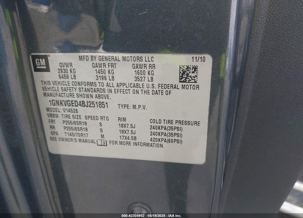 2011 CHEVROLET TRAVERSE 1LT VIN: 1GNKVGED4BJ251851