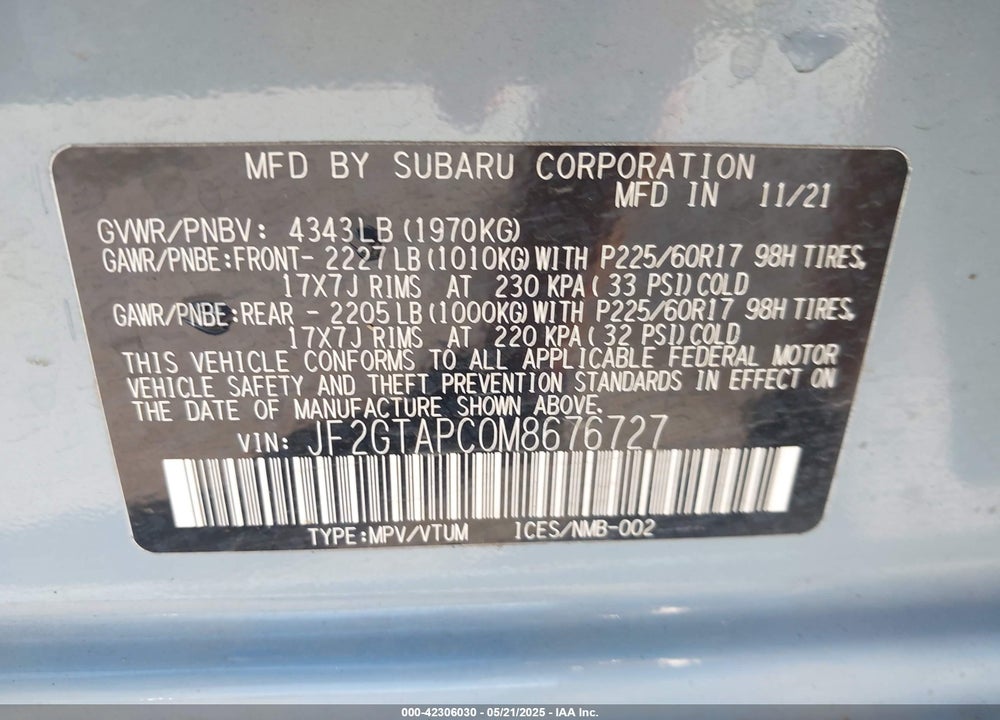 2021 SUBARU CROSSTREK PREMIUM VIN: JF2GTAPC0M8676727