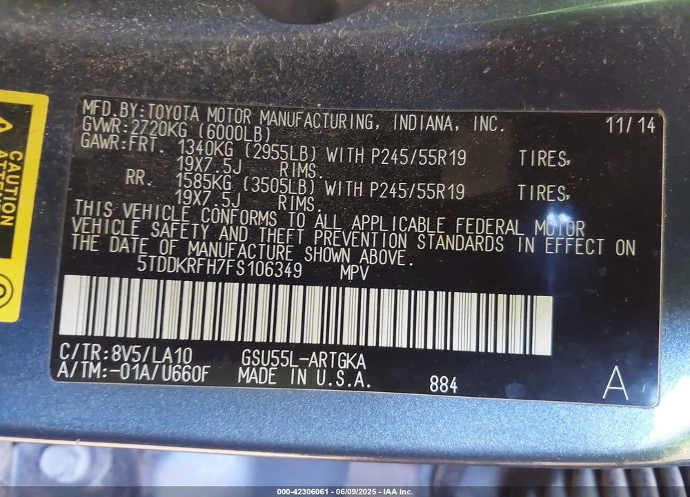 2015 TOYOTA HIGHLANDER LIMITED PLATINUM V6/LIMITED V6 VIN: 5TDDKRFH7FS106349