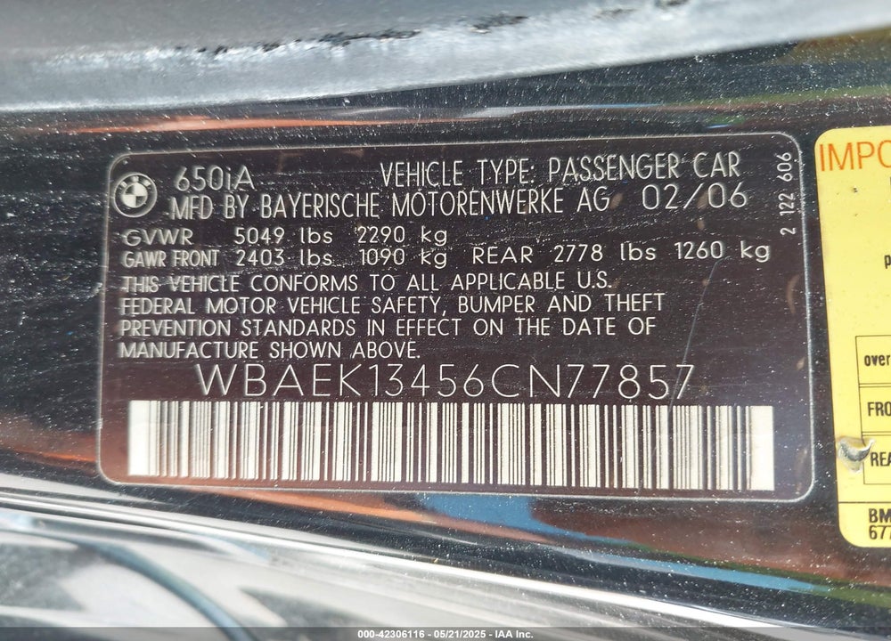 2006 BMW 650I VIN: WBAEK13456CN77857