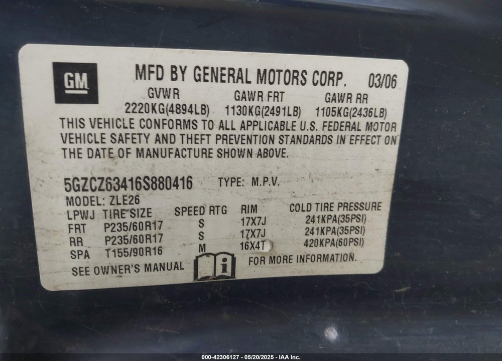 2006 SATURN VUE V6 VIN: 5GZCZ63416S880416