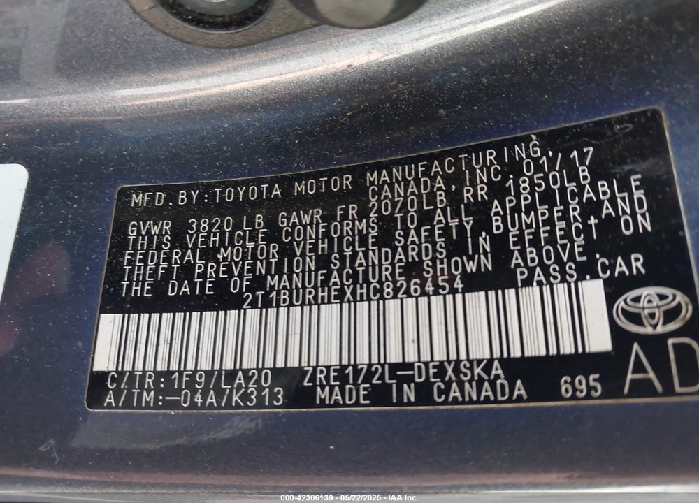 2017 TOYOTA COROLLA VIN: 2T1BURHEXHC826454