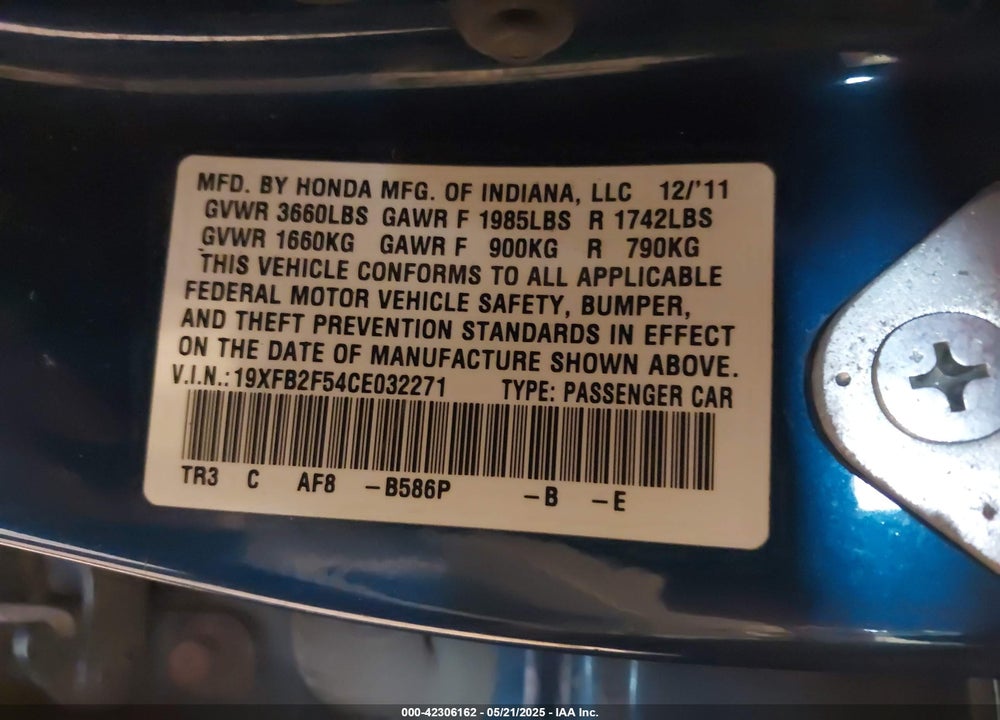 2012 HONDA CIVIC LX VIN: 19XFB2F54CE032271