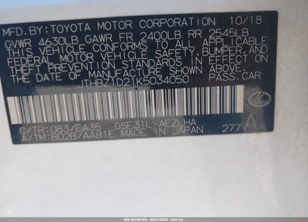 2019 LEXUS IS 350 VIN: JTHBZ1D21K5034050