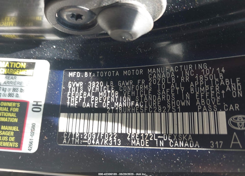 2015 TOYOTA COROLLA S PLUS VIN: 2T1BURHE5FC282751