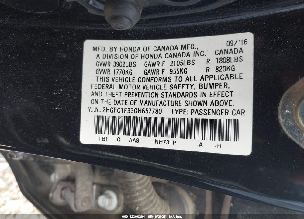 2016 HONDA CIVIC EX-T VIN: 2HGFC1F33GH657780