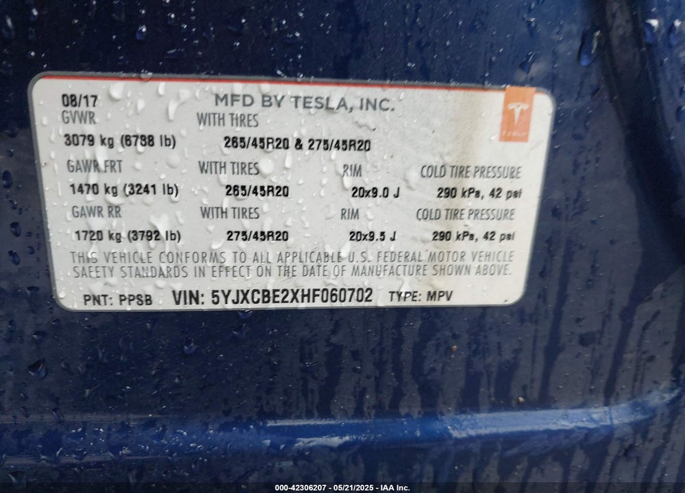 2017 TESLA MODEL X VIN: 5YJXCBE2XHF060702