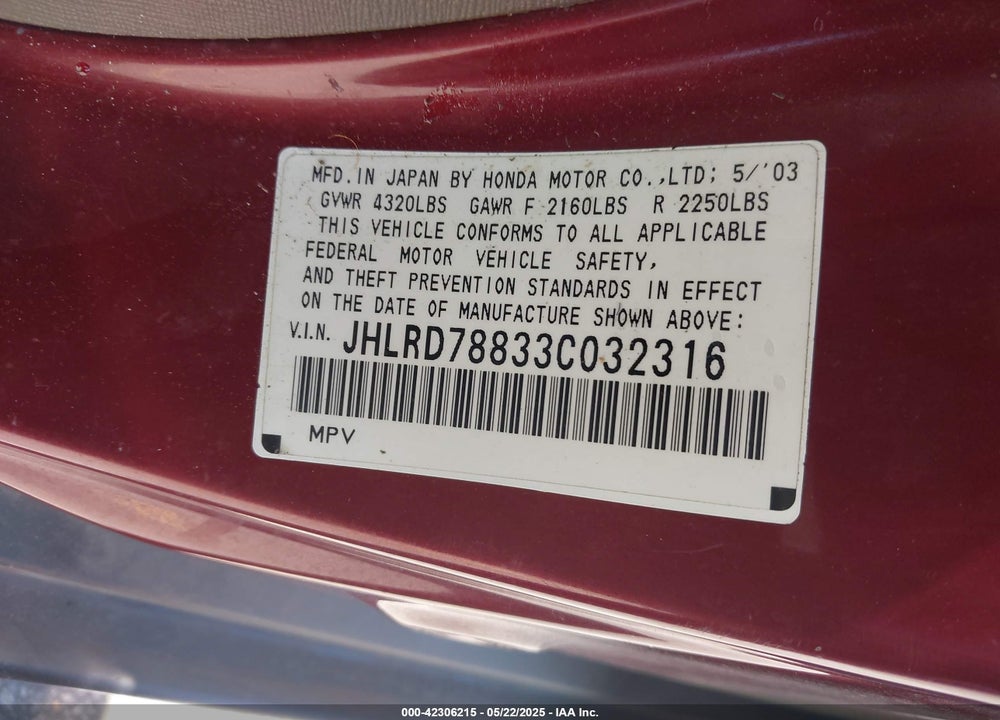 2003 HONDA CR-V VIN: JHLRD78833C032316