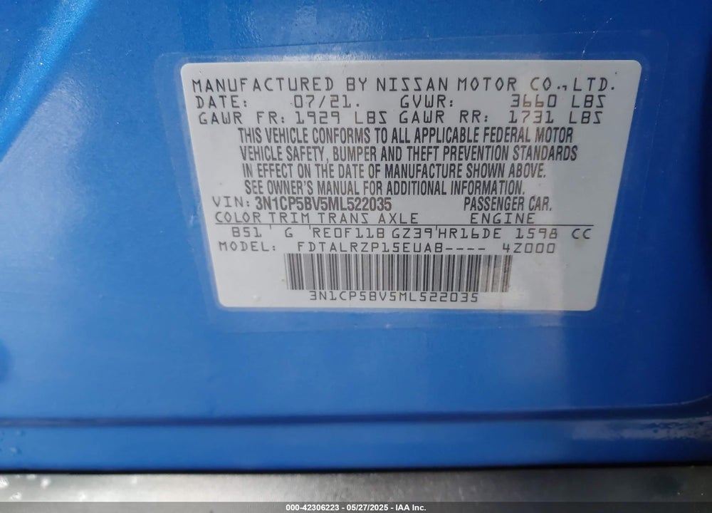 2021 NISSAN KICKS S XTRONIC CVT VIN: 3N1CP5BV5ML522035